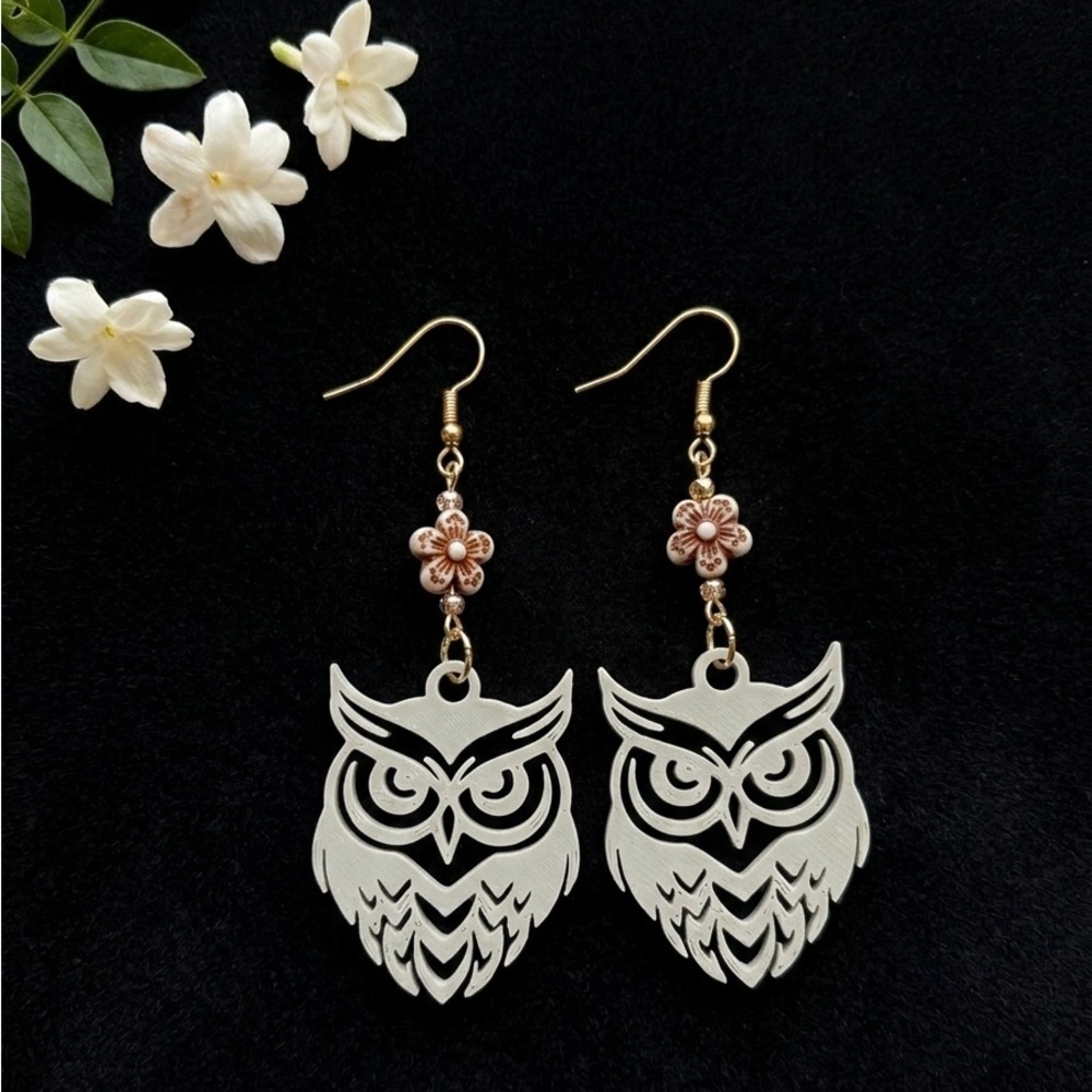 Owl Dangle Earrings | Floral Connector Lightweight Boho Jewelry Gold-Tone Hooks - Picture 1 of 7
